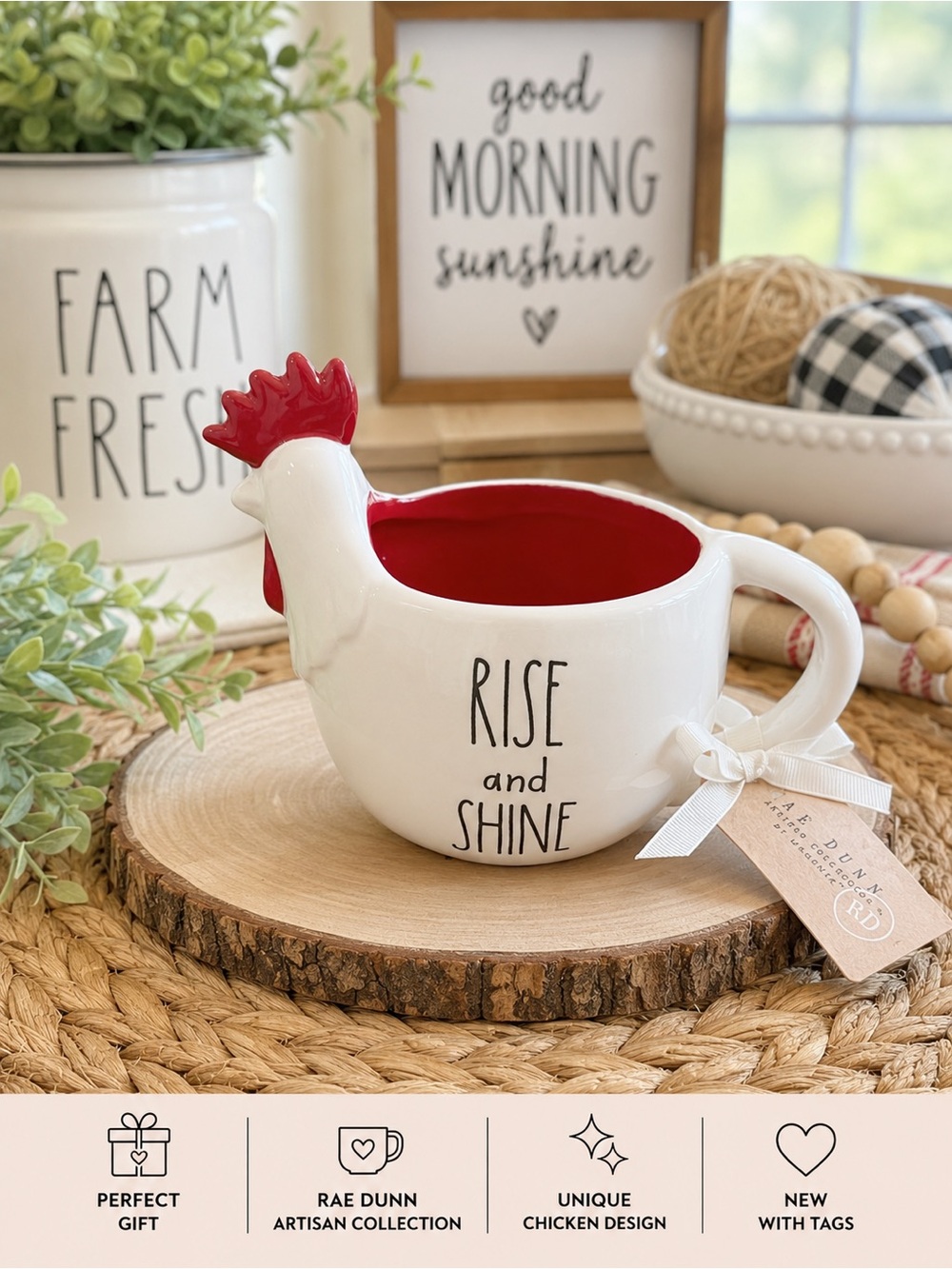 NWT Rae Dunn “Rise and Shine” Chicken Mug | Farmhouse Rooster Coffee Cup